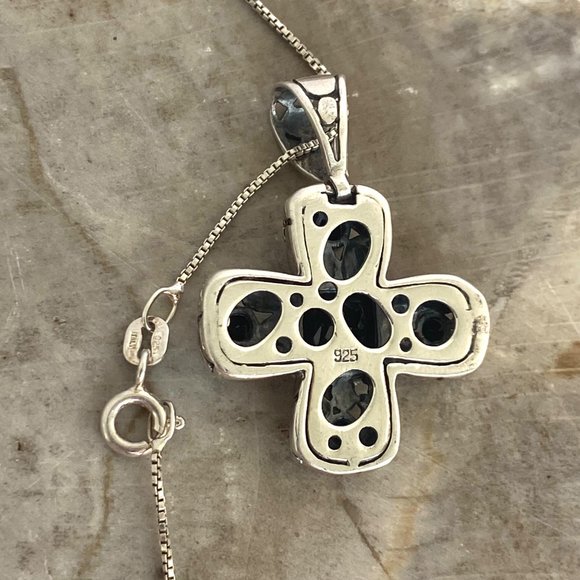 Sterling Silver 925 Black Tourmaline Glass Cross Pendant Necklace 18" Box Chain - Picture 9 of 16